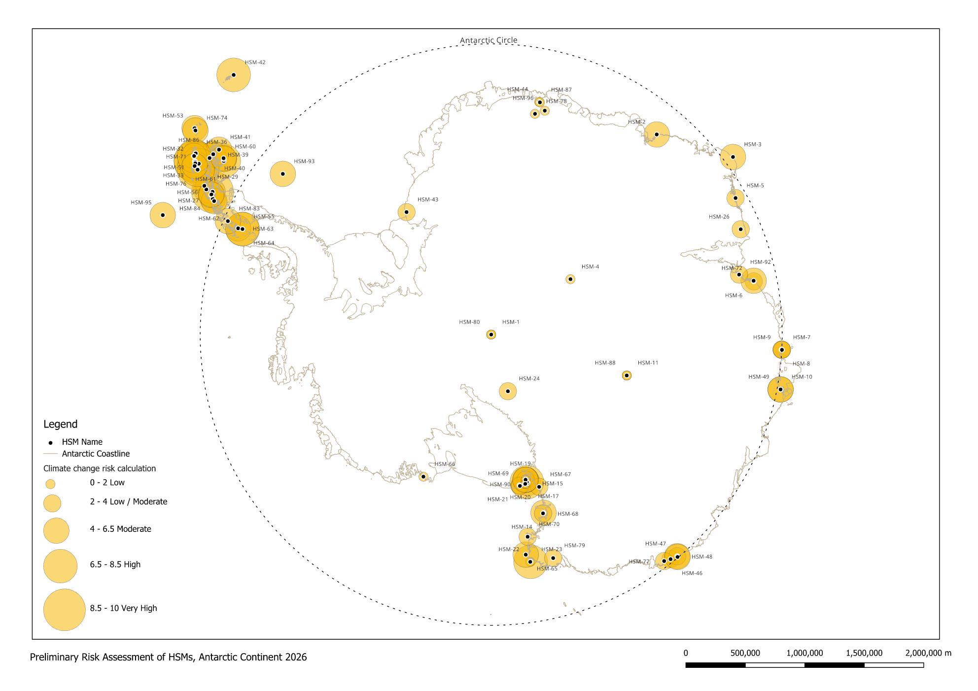 Figure 4 - Preliminary assessment of the risks of climate change impacts to all current Antarctic Historic Sites and Monuments (HSMs). Source: Macdonald and Gourley, 2026